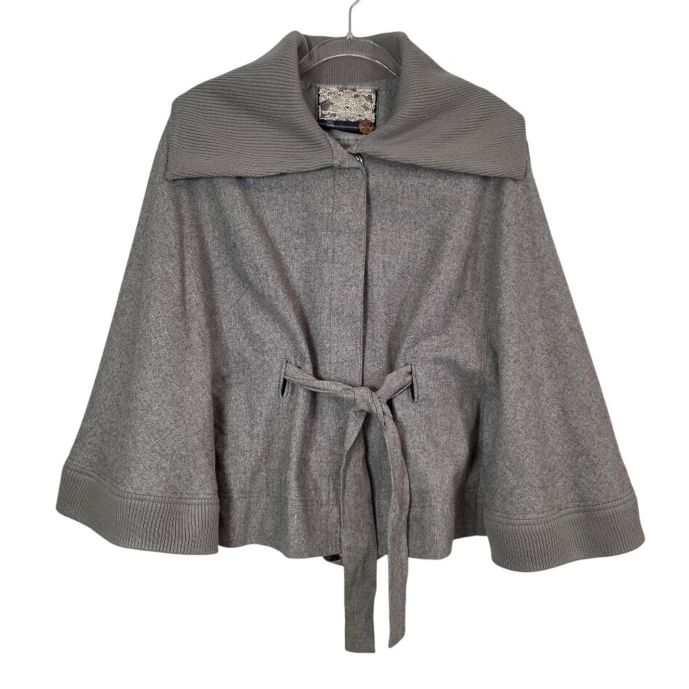 Free People Women's S Cape Jacket Gray Wool Blend Belted Ribbed Collar Coat
